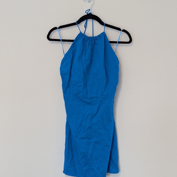 NWT Mango Blue Linen Boho Halter Dress With Open Back Beads, Sz L - Picture 3 of 8
